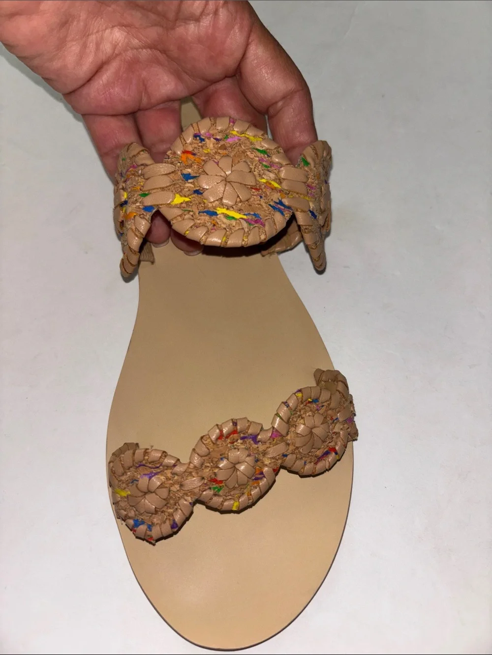 Jack Rogers Tan Leather Braided Slide Sandals with Multicolor Thread SIZE 8.5